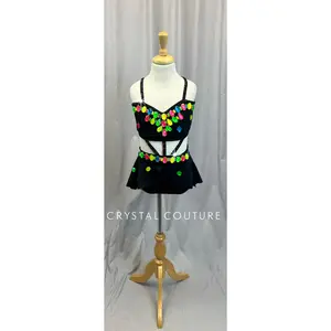 Black Strappy Leotard with Flounce Skirt and Neon Gemstones - Rhinestones