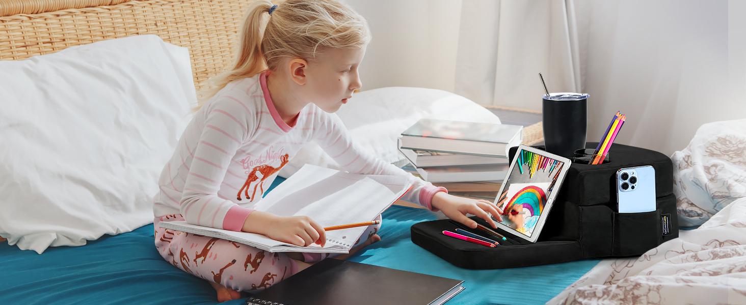 TabCouchCaddy - Couch Cup Holder Tray & Tablet Pillow Stand - Bed, Couch Caddy, Sofa, RV & Car - Holds Drinks, Snacks, Remotes, Phones, Tablet - iPad, Galaxy Tab Compatible | Bed Cup Holder (Black)