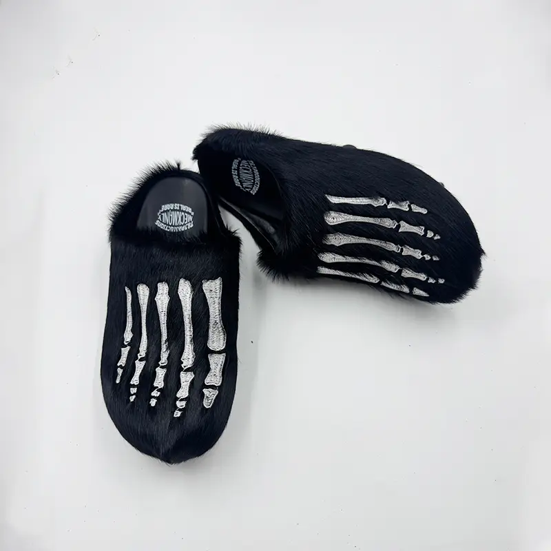 MECKMANLY Skeleton Bone Faux Fur Mules, Unisex Gothic Punk Fur Slides with Cozy Plush Lining and Non-Slip Sole for Indoor Outdoor Wear, Footwear