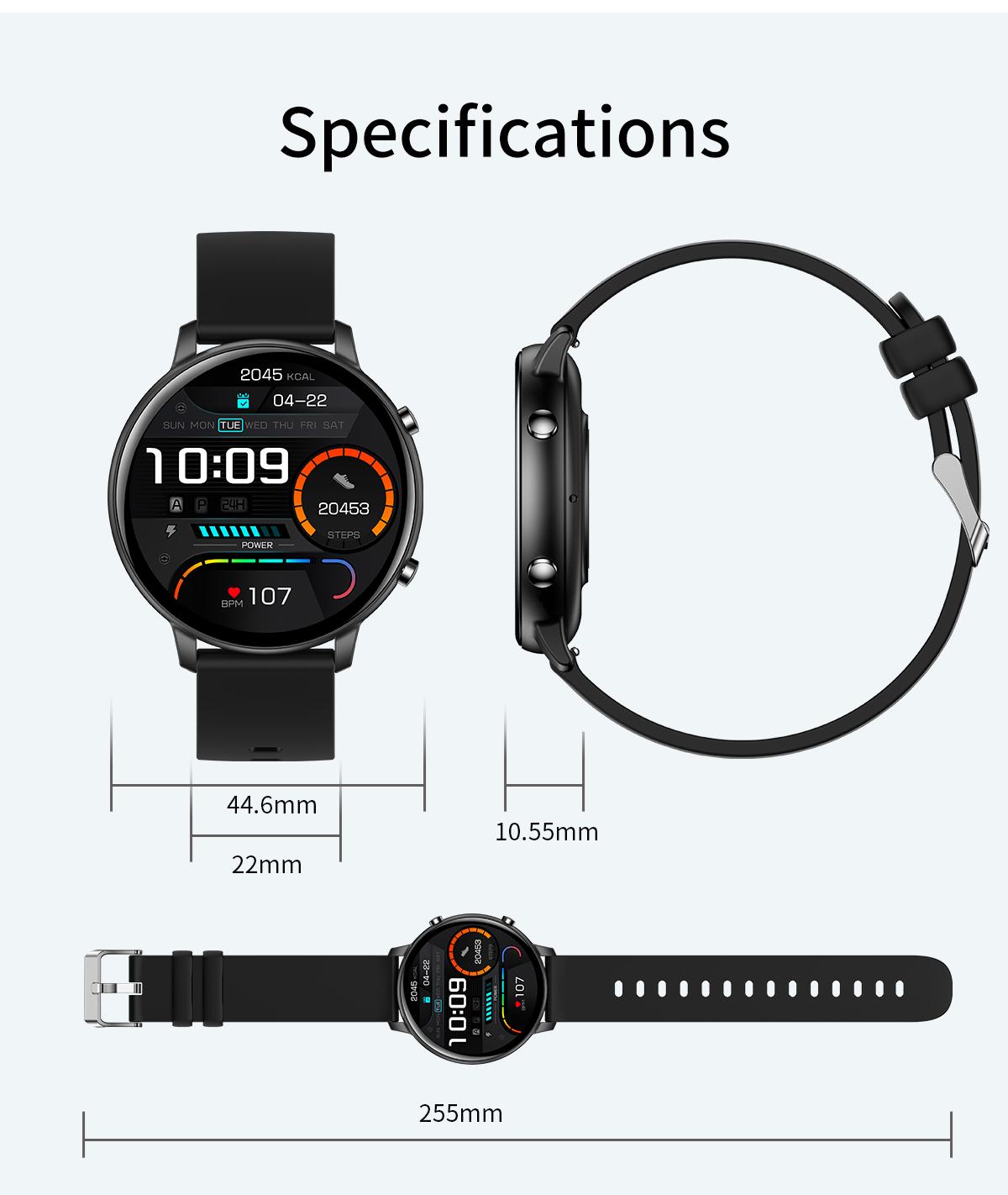 Aolon GTR Smartwatch with 1.39-inch HD display, Bluetooth calling, sport and fitness tracking, calorie calculator, waterproof design, unisex black wristwatch with message reminders and built-in speaker.