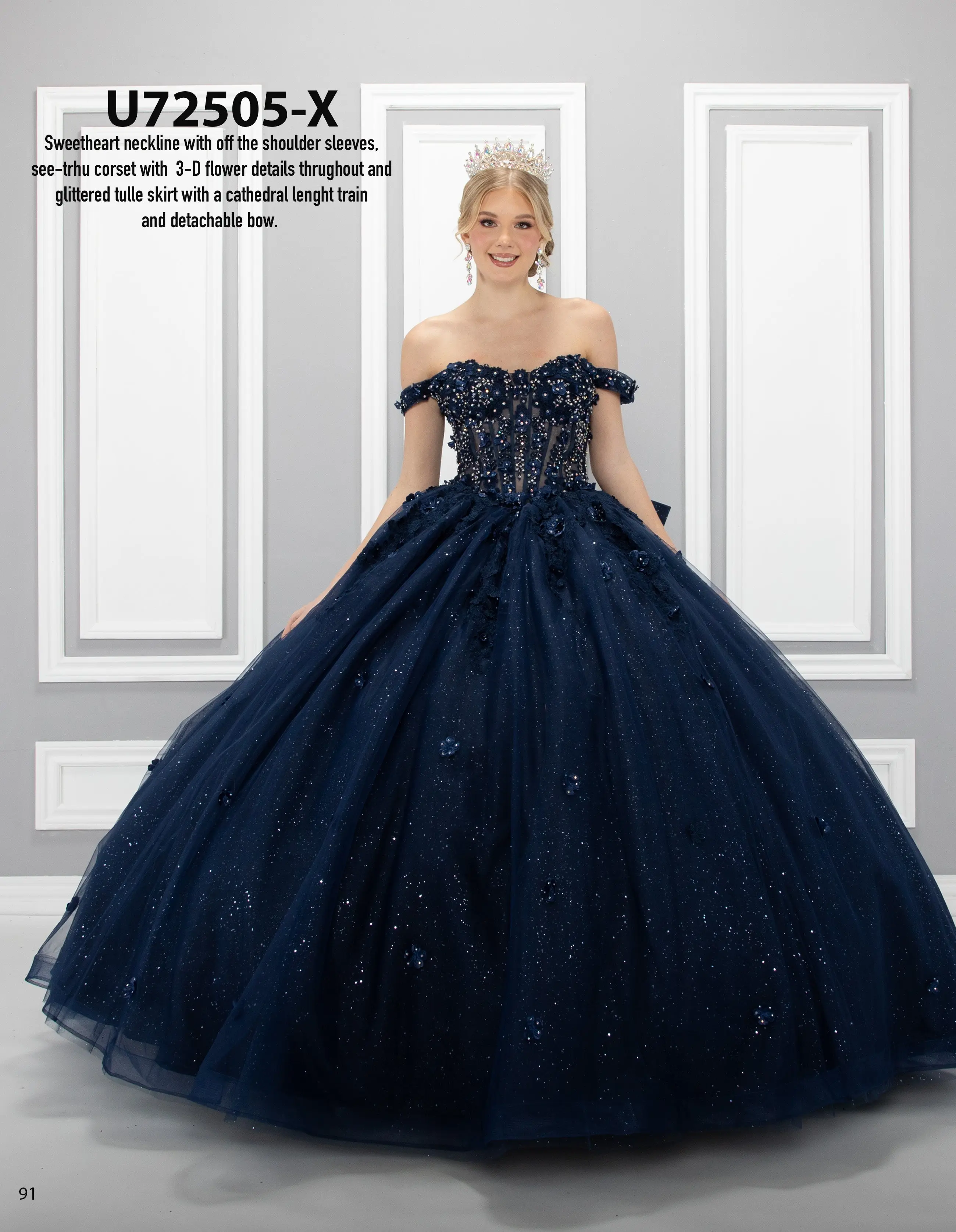 Formal Quinceanera Dress U72505XB with Off the Shoulder Sleeves See Thru Corset Ballgown Skirt & Detachable Bow