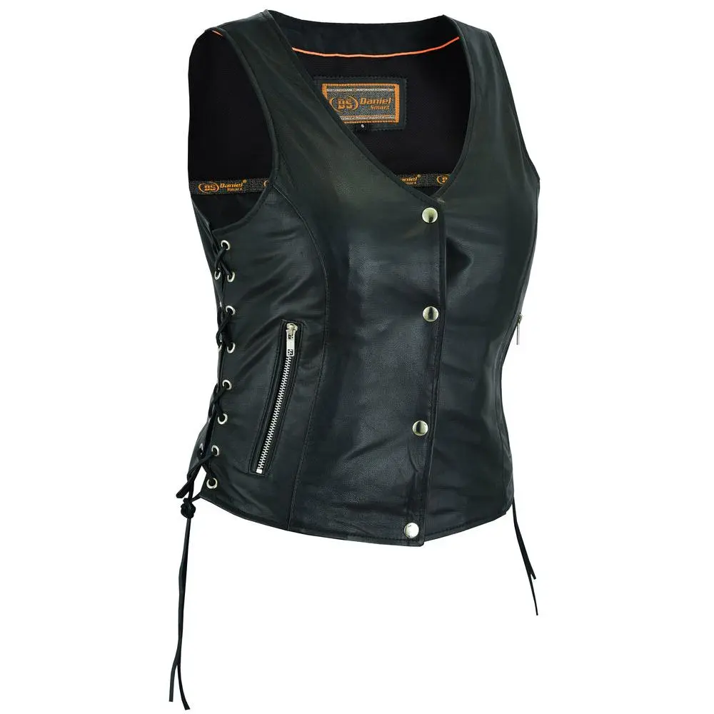 DANIEL SMART Women's Contour Leather Motorcycle Protective Vest - Ultra-Soft Drum Dyed Naked Goat Skin, V-Neck, 4 Silver Snaps Front, 2 Inside Conceal Carry Zip Pockets, Heavy Duty Inside Mesh Liner, Sizes XS-5XL, Motorcycle Protective Gear Accessory, 2 I