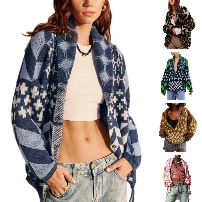 Naeduo Women's Fall Argyle Knit Sweater Cardigan Oversized Y2K Graphic Button Down Collar Soft Breathable Fabric Adjustable Fit Street Style Casual Geometric Vneck Knitting Fitted Tops Longsleeves Womenswear