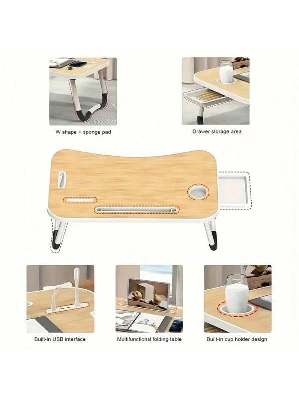 Portable Foldable Laptop Bed Table with 3 Port USB, Storage Drawer and Cup Holder, Laptop Desk Stand Tray for Eating, Reading and Working (Without USB,Fan)