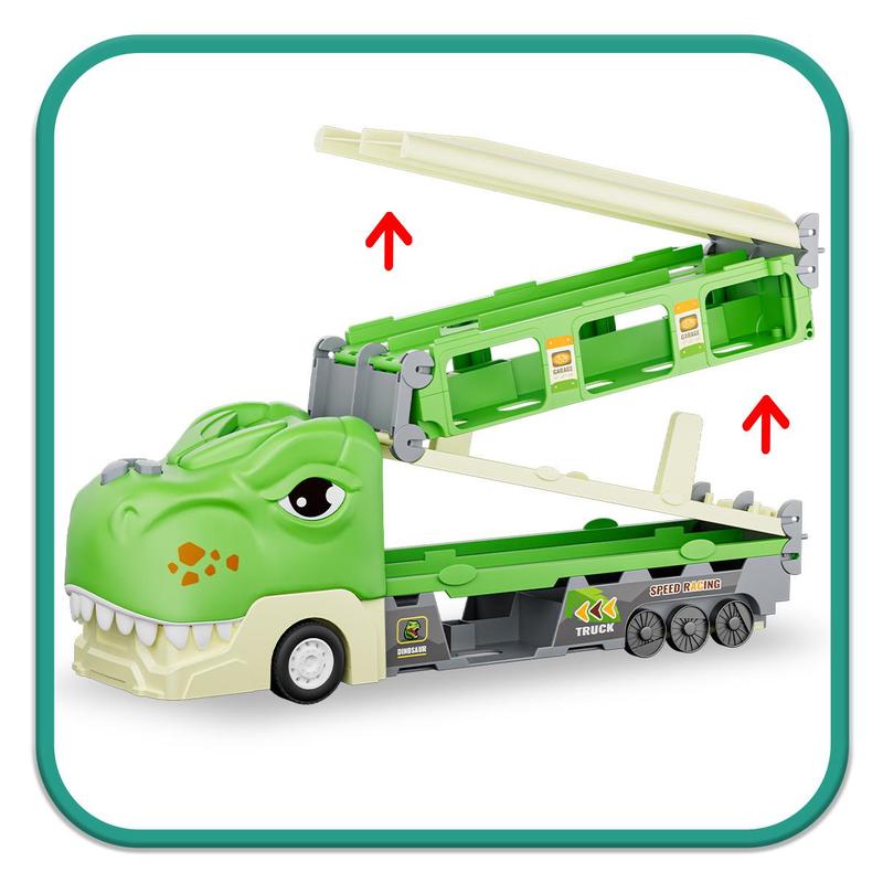 Durable Garage Multifunction Dinosaur/Princess/Unicorn Truck Toys for 2-7 Year Boys & Toddlers Foldable Track 2 Player Race Mode Light Sound Transport Carrier with 6 Dino Cars 12 Accessories Birthday Christmas Gift Idea for Kids Girls