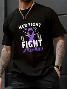 100% Cotton Unisex Her Fight is My Fight Lupus Awareness Purple Ribbon Support T-Shirt– Retro Vibes, Trendy Print, Perfect for Daily Outfits