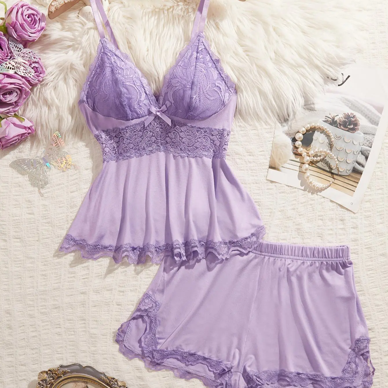 Women Pajama Set Lace Short PJ Set  V Neck Sleeveless Sleepwear Drawstring Waist Nightwear