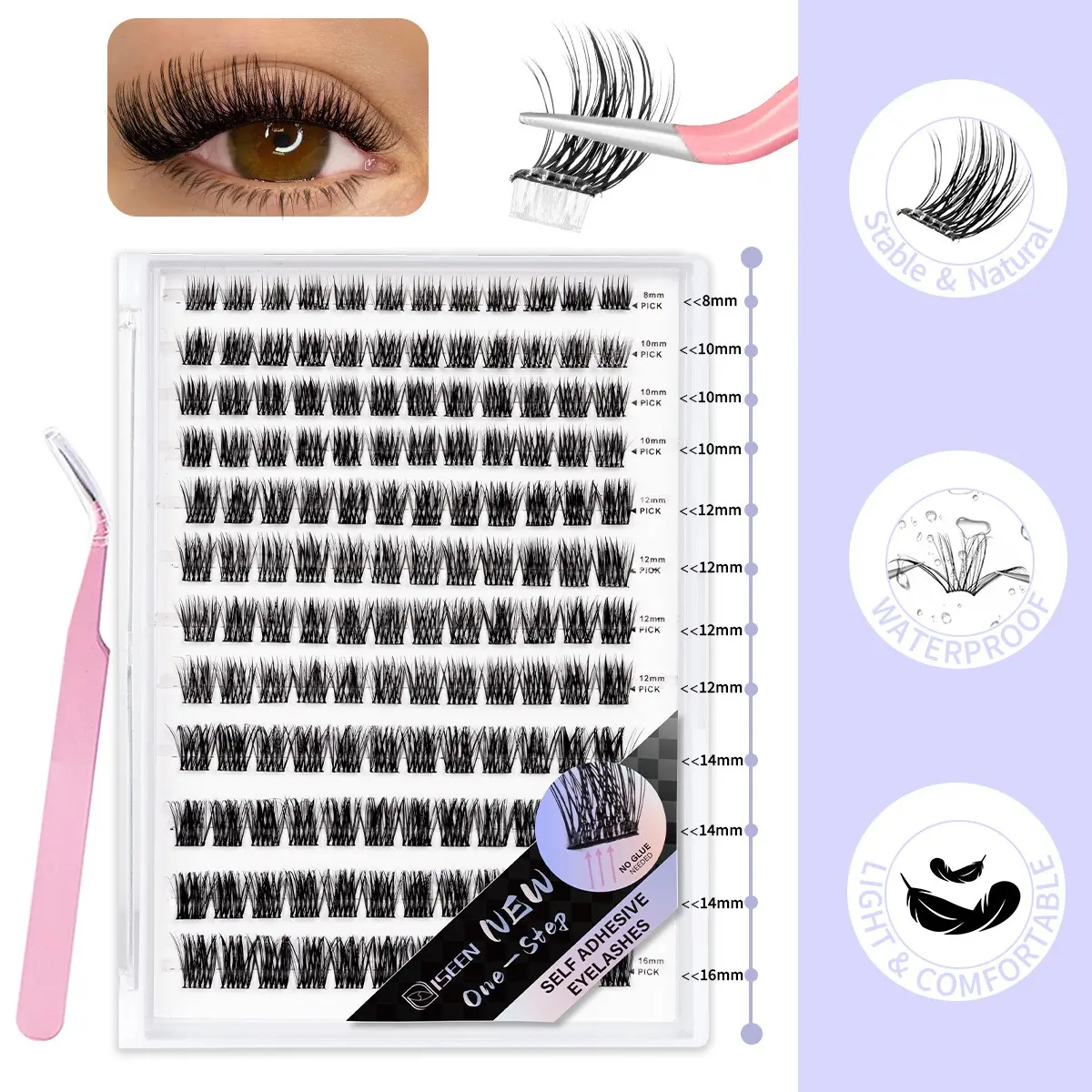 144 Pcs Self Adhesive Mixed Eyelash Clusters, DIY Eyelash Cluster, Self Adhesive Eyelashes, No Glue Needed, Invisible Strip Tape - Longer Lasting, No Sticky Residue Pre Glued Eyelashes, Comes with matching tweezers, Glueless Lashes