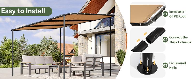 Aoxun 3-Size Lean-to Gazebo | Outdoor Pergola (8x5/10x6/10x12) | UPF50+ UV Resistant Waterproof Canopy | Wall-Mounted Sloped Roof Awning for Patio Backyard Deck Garden | Khaki Sun Rain Protection