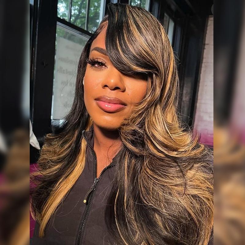 Body Wave Highlight Color Pre-Styled 13×4 Ready to Go Lace Front Wig Glueless Loose Body Wave Wig Pre Bleached Pre Cut Lace