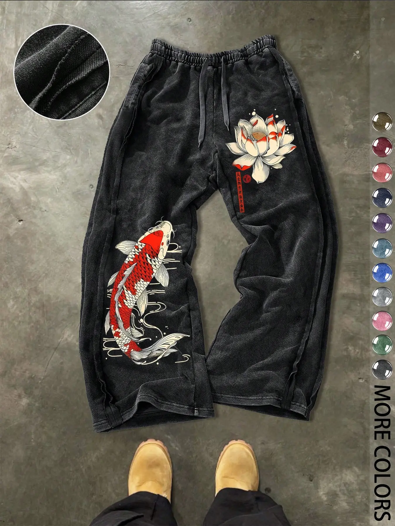 Men's Casual Loose Cotton Sport Pants, Koi Pattern Print, Floral Print Sweatpants, Outdoor, Party, Home Comfort, Street Style, Drawstring Waist, All Seasons, Athleisure Style Bottoms, Casual Sporty Pants, Casual Athletic Pants