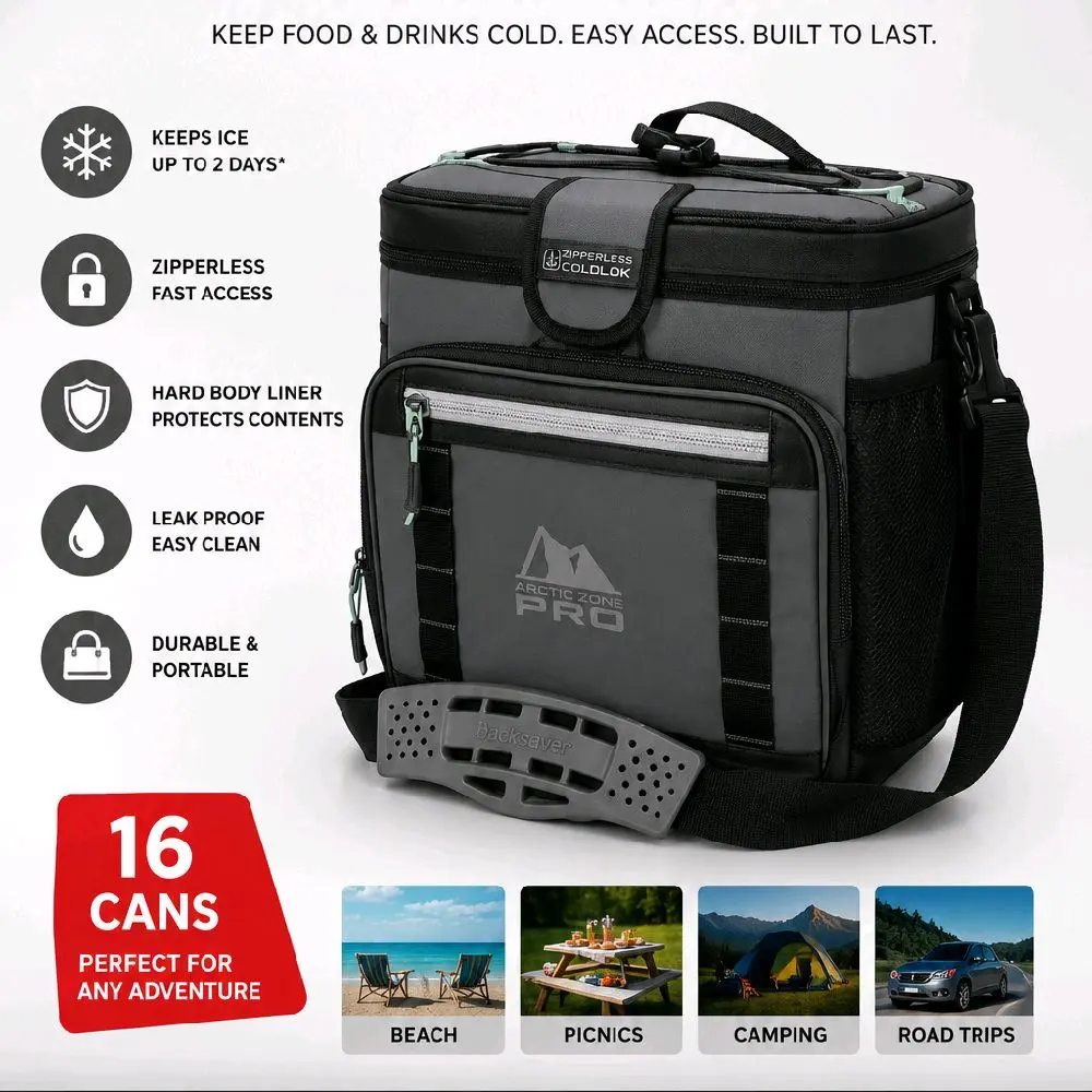 Arctic Zone PRO Zipperless Cooler, 16-Can Insulated HardBody Gray Lunch Bag