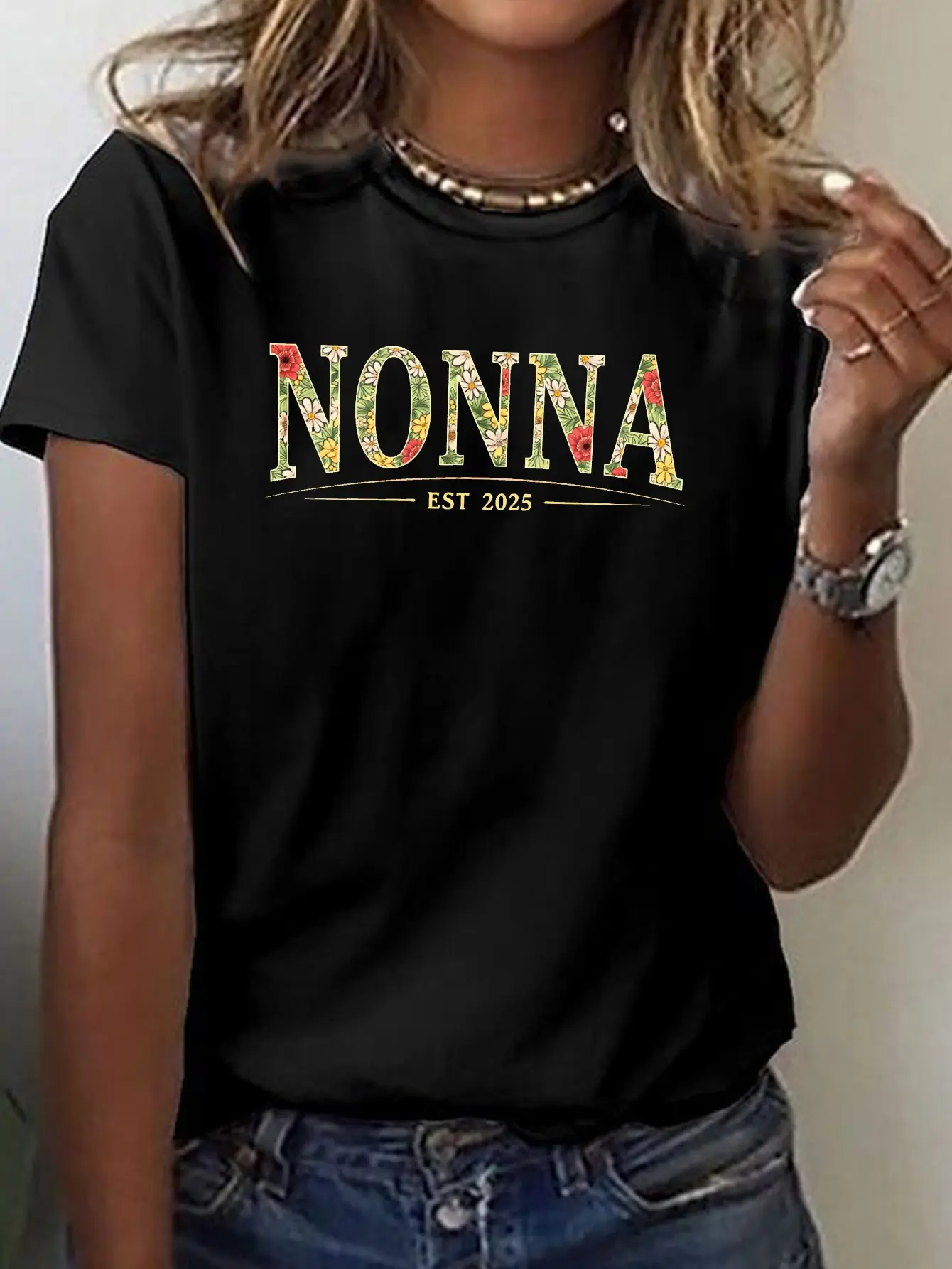 NONNA with Floral Design Print T-shirt, Short Slee unisex soft cotton short sleeve t shirt, vintage graphic casual tee for men women teens, perfect birthday holiday gift for camping travel gym daily street casual wear