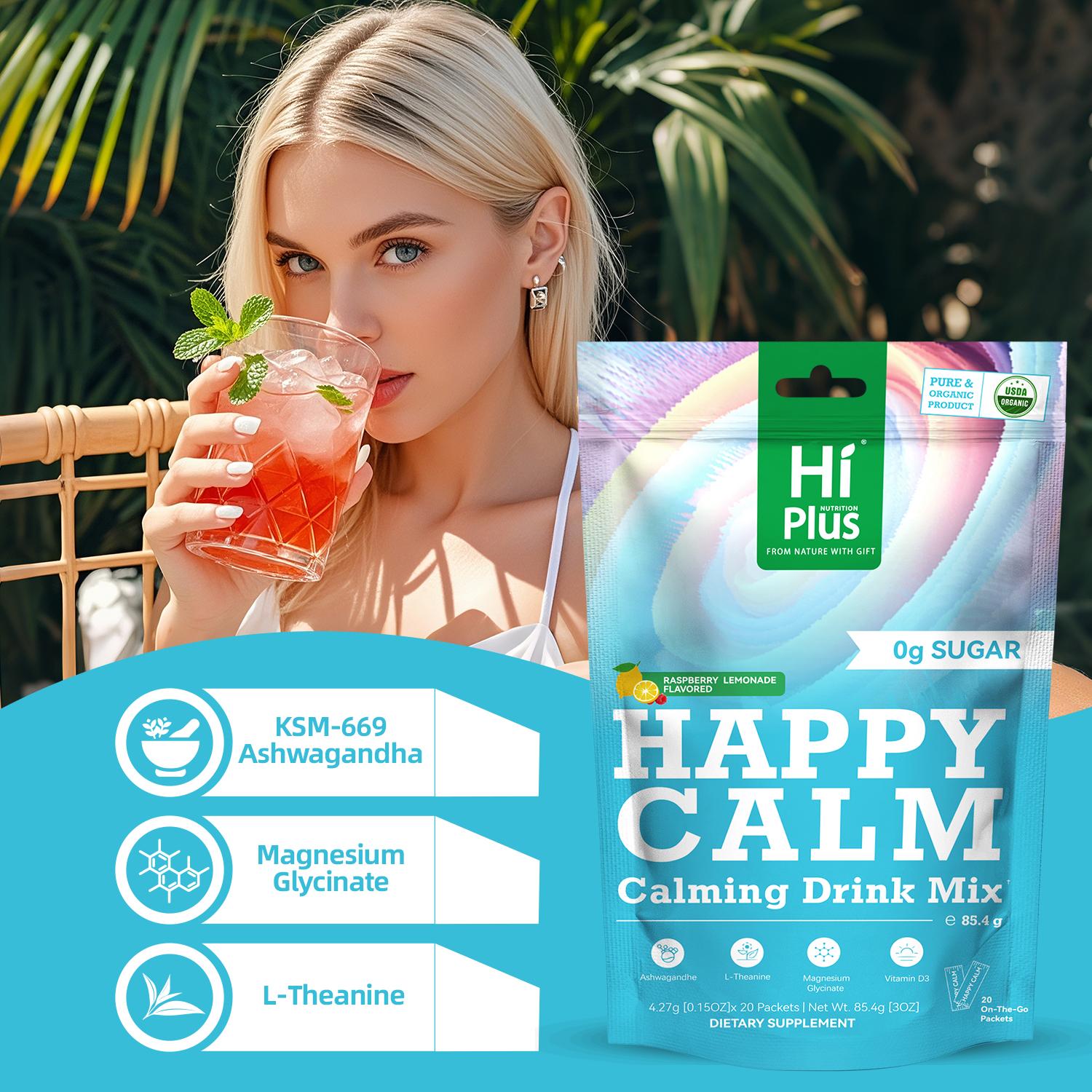 HiPlus Happycalm-Calming Drink Mix with KSM-66 Ashwagandha, Vitamin D3, Magnesium & L-Theanine-Supports Cortisol Balance, Mood &Sleep,lmproved sleep quality,Minor tensionrelief, without drowsiness - 20 Packets  Natural Dietary Supplement