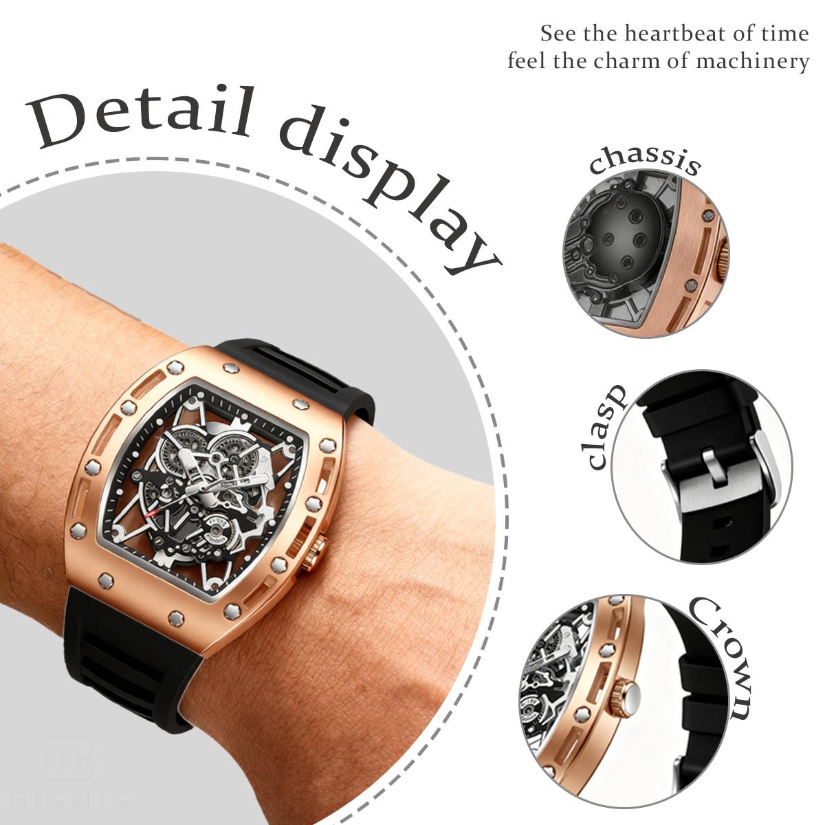 Men's Barrel-Shaped Skeleton Watch Black and Gold Tone Water Resistant 30M Quartz Analog Wristwatch with Silicone Strap for Daily & Outdoor Use Birthday Gift Idea