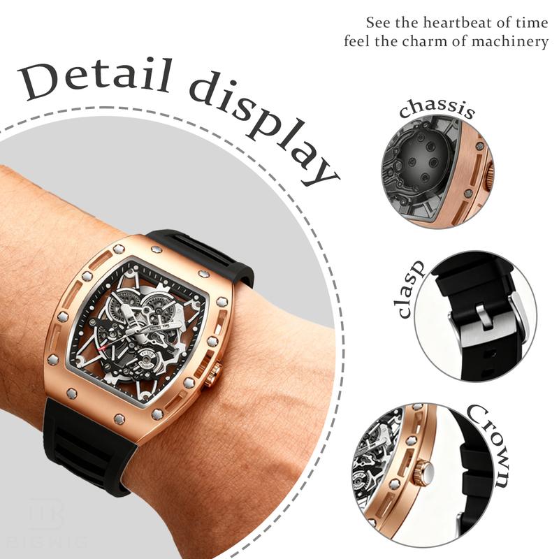 Men's Barrel-Shaped Skeleton Watch Black and Gold Tone Water Resistant 30M Quartz Analog Wristwatch with Silicone Strap for Daily & Outdoor Use Birthday Gift Idea Men's Barrel-Shaped Skeleton Watch Black and Gold Tone Water Resistant 30M Quartz Analog Wristwatch with Silicone Strap for Daily & Outdoor Use Birthday Gift Idea