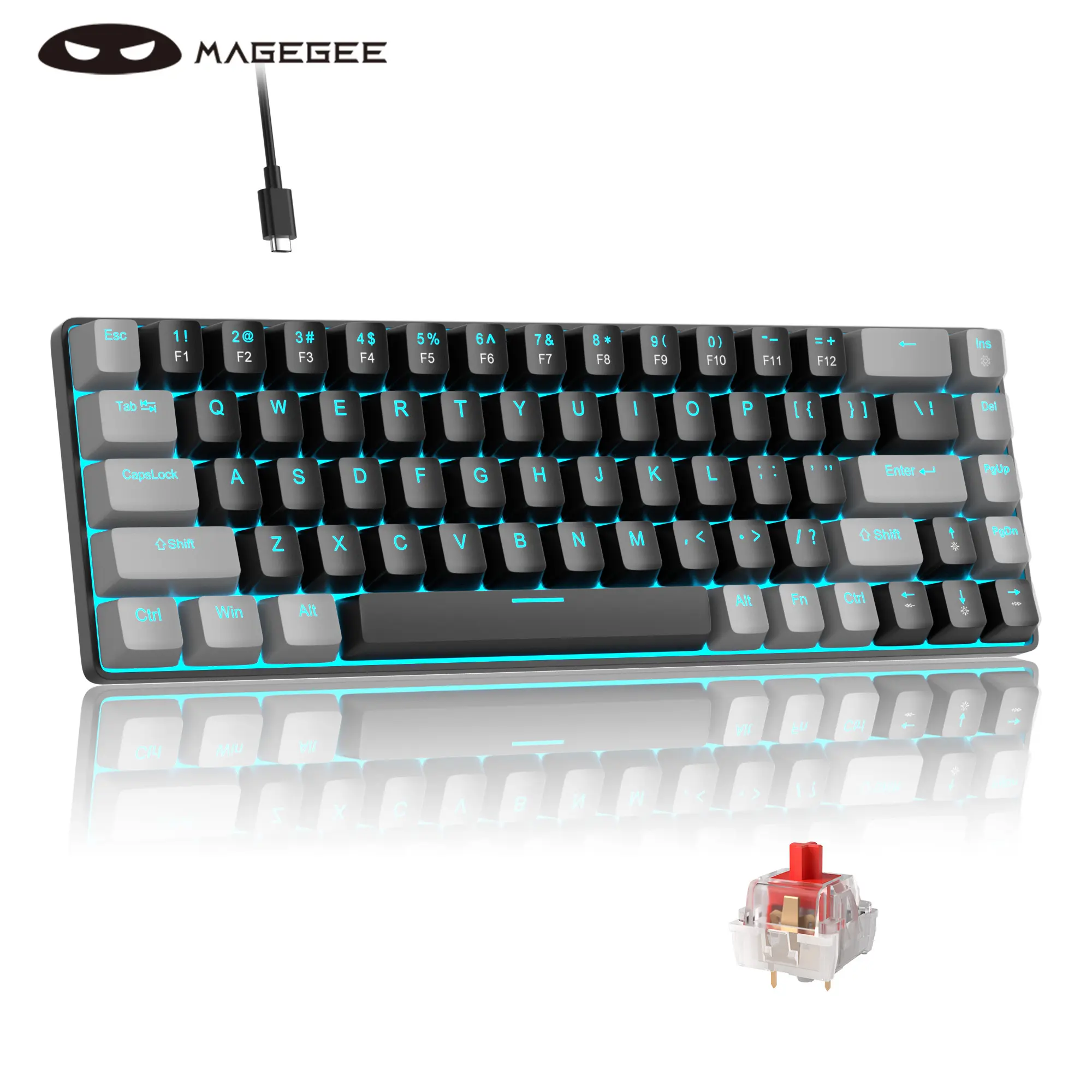 MageGee MK-Box 65% Mechanical Gaming Keyboard with Red Switches, Grey Black 68 Keys Compact Mini Keyboard, Cyan LED Backlit, Detachable Type-C Wired Gaming Keyboard for PC Laptop Gamer