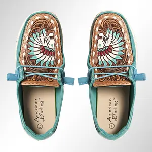 American Darling Hand tooled, carved genuine leather trim lightweight shoe footwear, slip on| Tooled Footwear