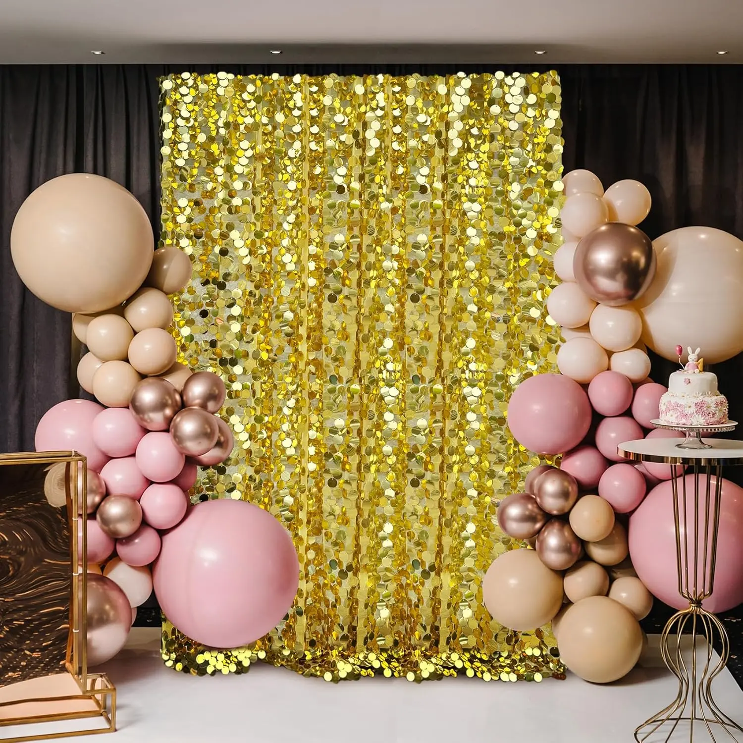 JYFLZQ 9ft x 8ft Gold 18mm Sequin 1-Piece Large Curtain Photo Backdrop, Hanging Polka Dot Decor with Shimmering Look for Christmas, Wedding Supplies, Home Party, Room Decor