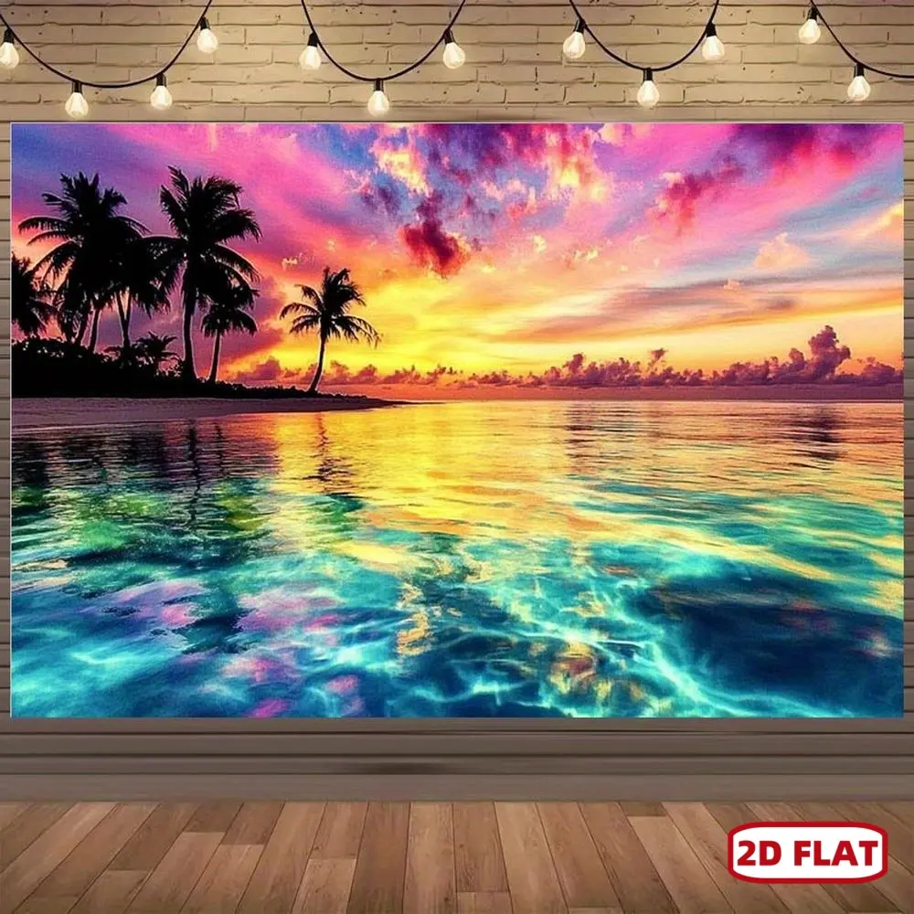 1pc 2D Flat Wall-Hang Synthetic Polyester Tapestry - Vibrant Palm Tree Ocean Art, Tropical Beach Sunset Print, Room Decor, Happy Birthday Ceremony Backdrop, Beachy Room Upgrade, No Electricity Needed, Multiple Options Available
