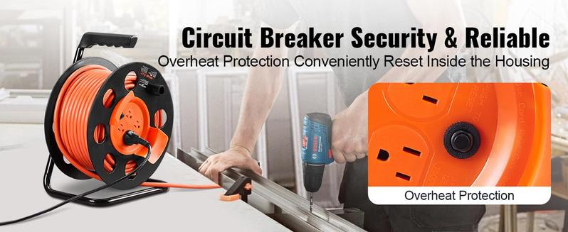 VEVOR Extension Cord Reel, TikTokShopBlackFriday, 100FT, with 4 Outlets and Dust Cover, Heavy Duty 12/14 AWG SJTOW Power Cord, Manual Cord Reel with Portable Handle Circuit Breaker, for Toolshed Garage, Tested to UL Standards