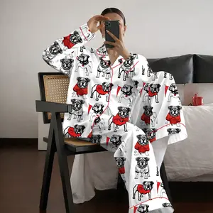 Bulldogs Football Satin Pajama Set, Pitbull Satin Pajamas Set, Women's Luxury Sleepwear
