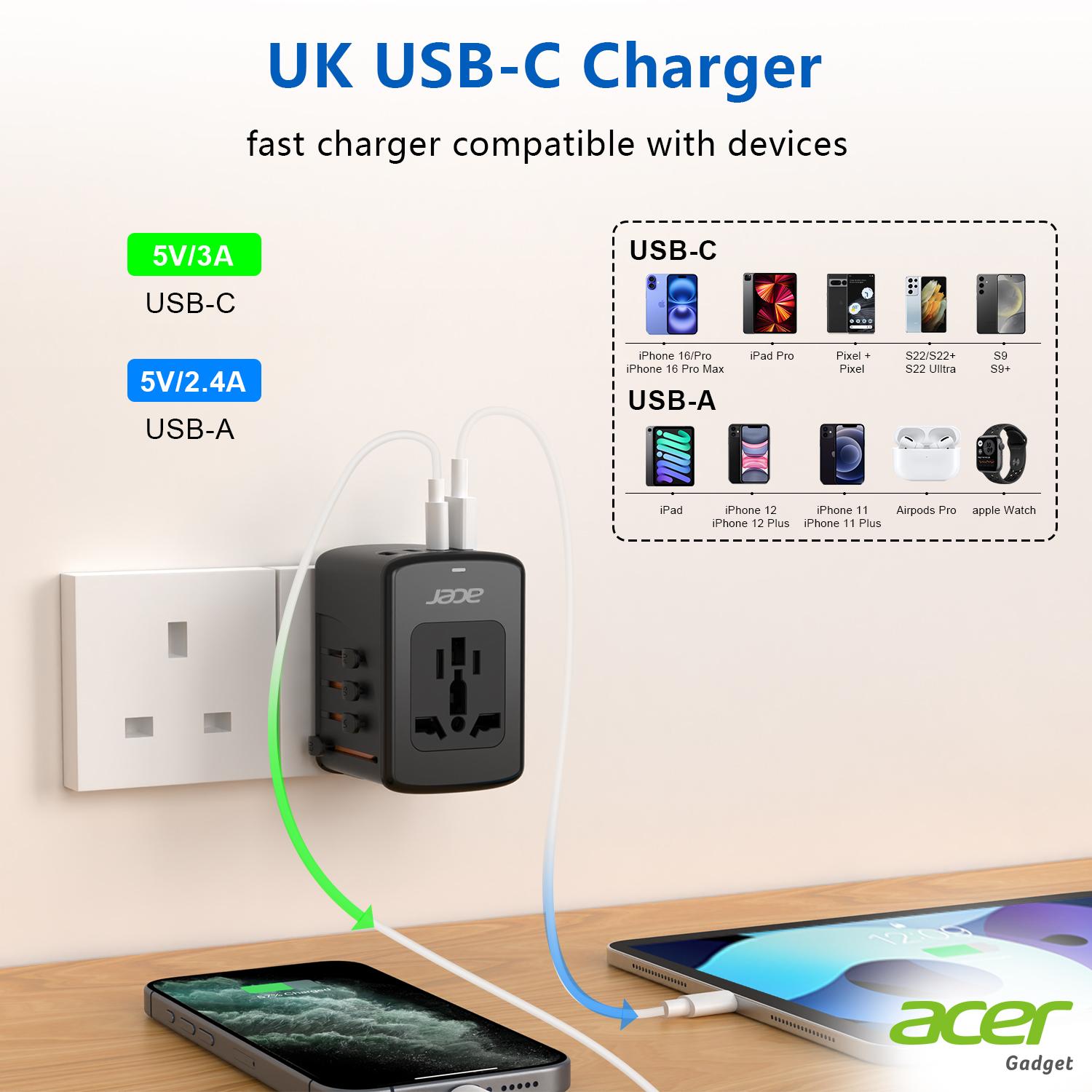 Acer Christmasparade Universal 12 in 1 Travel Adapter With 5 USB Ports (3 USB C), 100-250V Input & 29W Output, US/EU/UK/AU Plugs, International Power Adapter, Worldwide Outlet Charger For USA To European UK France Germany Spain, Black，Pink，Blue，Purple