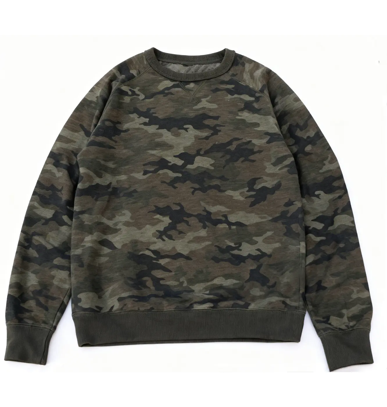 Cotton French Terry Sweatshirt with Camo Print, Unisex Garment Dyed Crew Neck Top, Regular Fit with Long Sleeves for Daily Wear