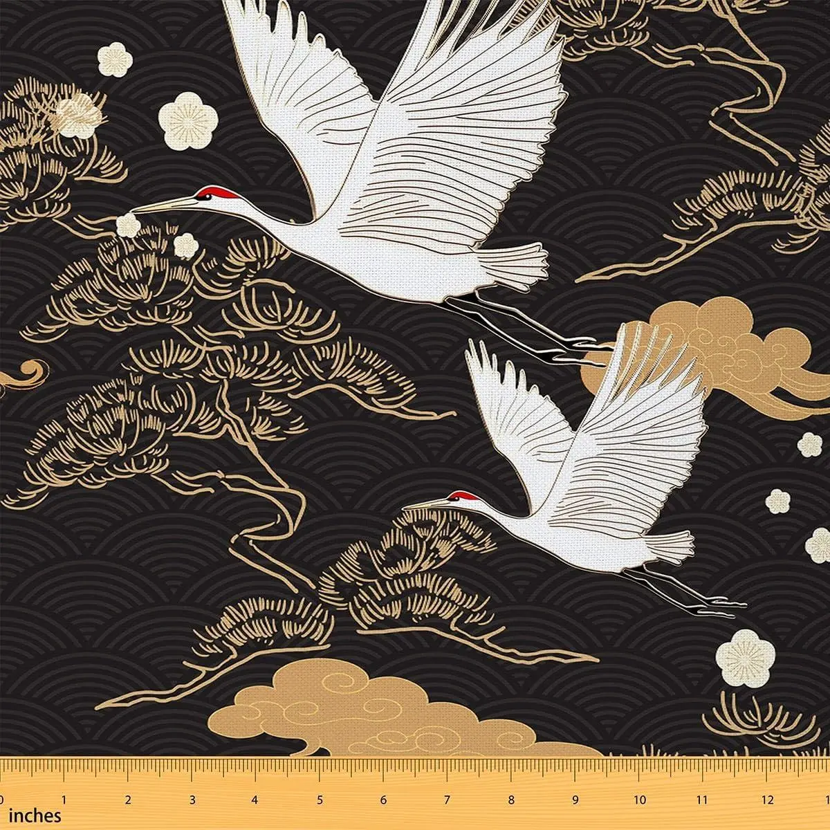 Crane Fabric,Japanese Style Ukiyeo Decorative Fabric Soft Flannel Polyester No Stretch and Home DIY Projects,Golden Clouds Geometric Pattern Precut Fabric Squres