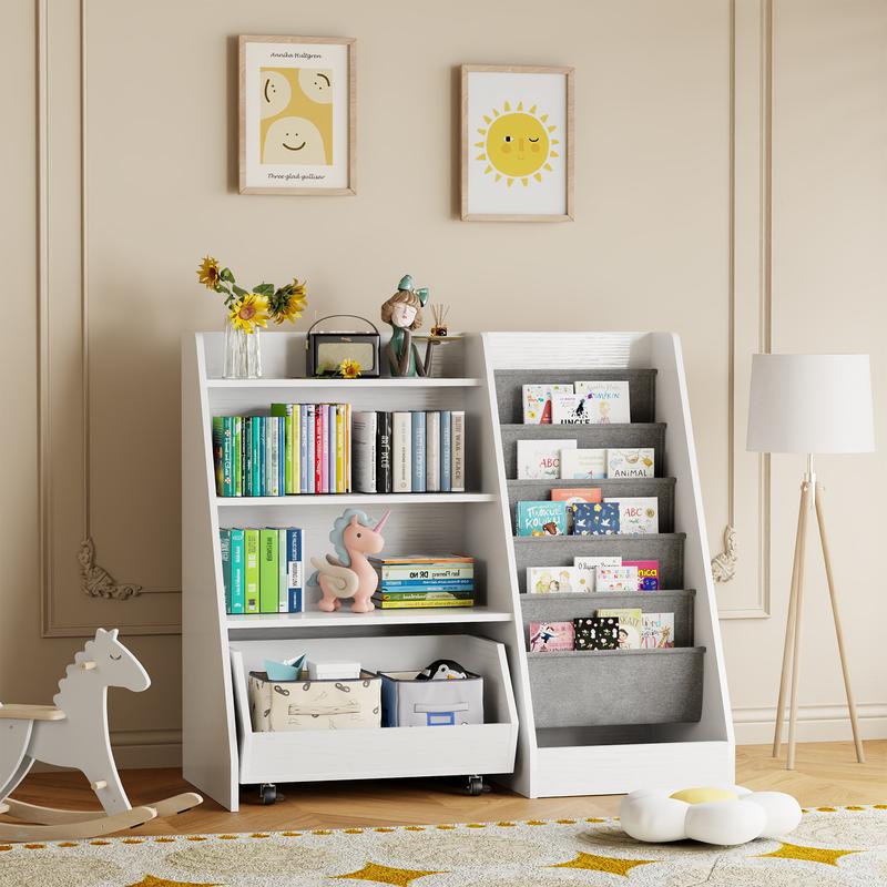 COZPAW Kids Bookshelf and Toy Storage, 4 Tier Toddler Bookshelf with Movable Drawer 5 Sling Pockets, Montessori Book Shelf for Kids Room, Playroom, Nursery (Oak)