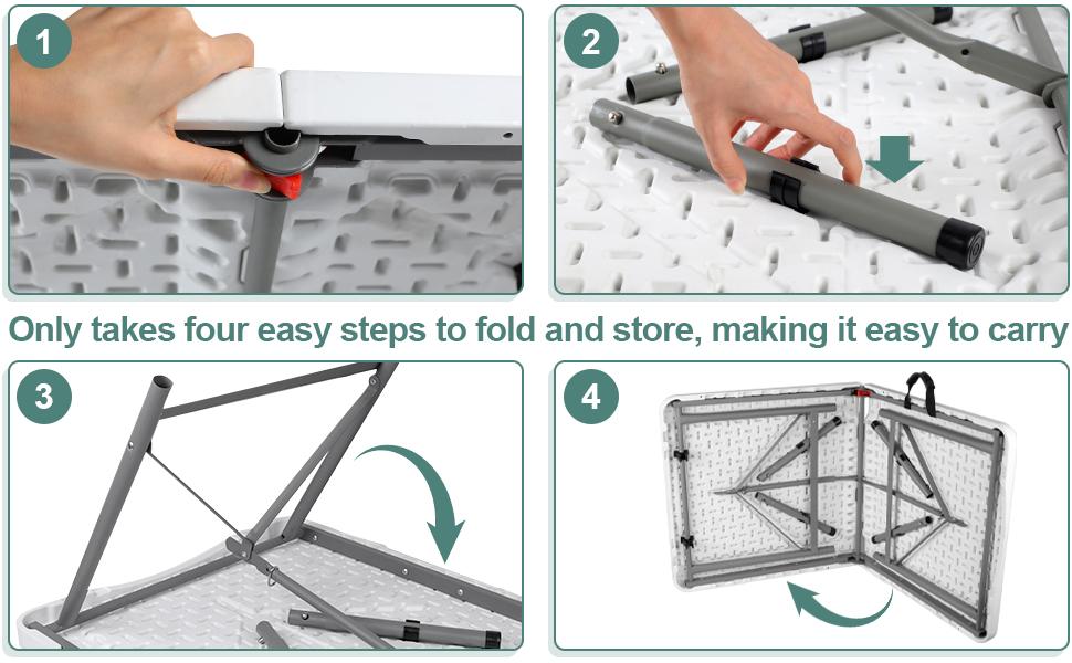 4FT FOLDING TABLE, PLASTIC FOLD IN HALF TABLE WITH LOCK AND HANDLE - WHITE
