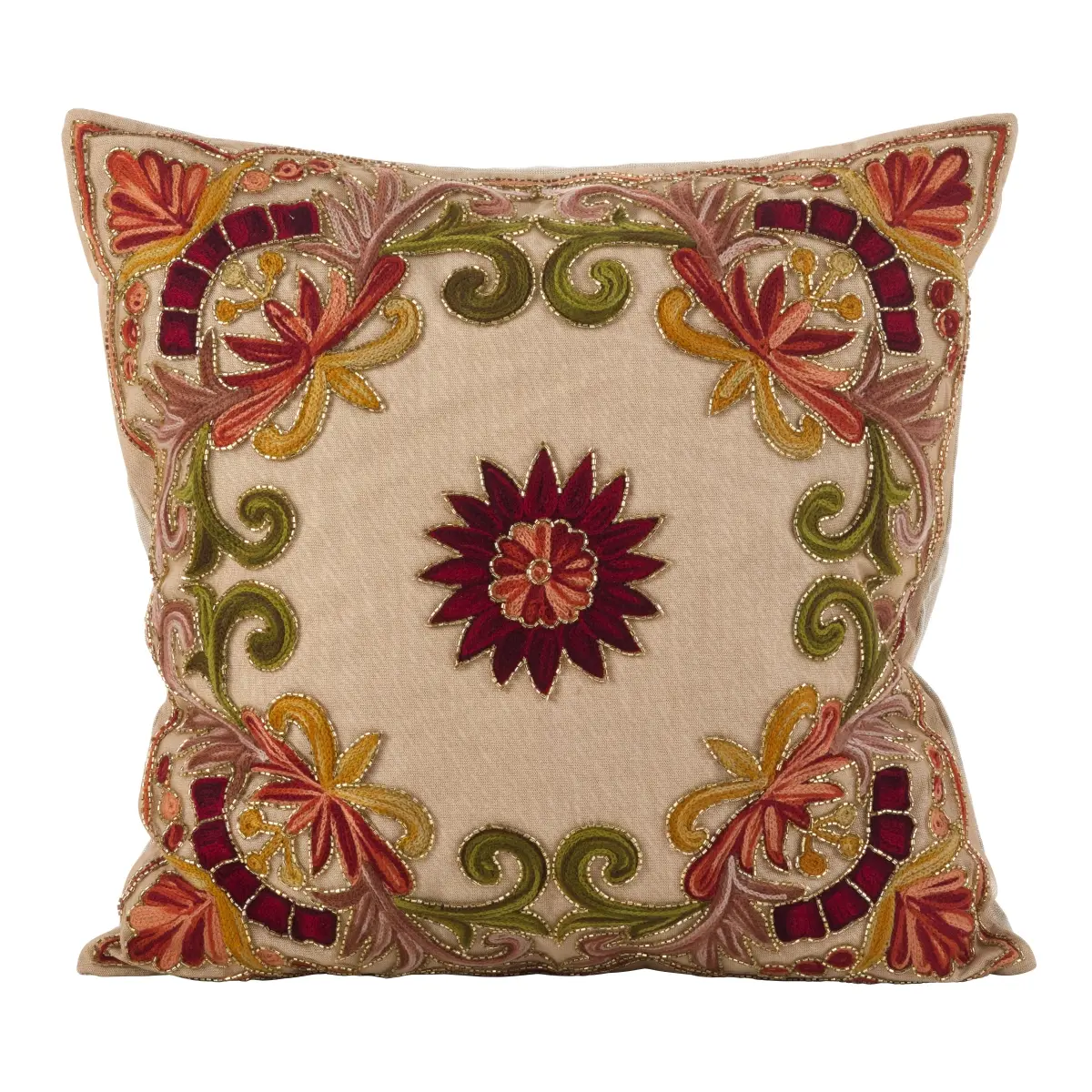 SARO AN02.M18S 18in Square Embroidered Beaded Netting Throw Pillow, Cotton-Poly Filled, Colorful Floral Motif, Traditional Look, for Indoor Room Decor, Embroidery
