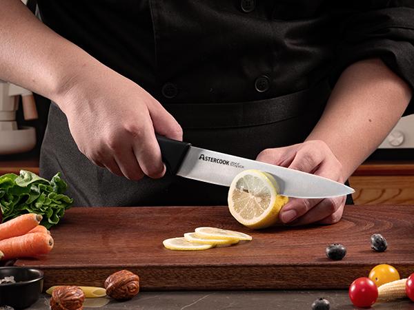 Astercook 14 Piece Knife Set with Built-in Sharpener, Non-Stick Black Hard Wood, Dishwasher Safe, Stainless Steel, Multipurpose Kitchen Cutting Block