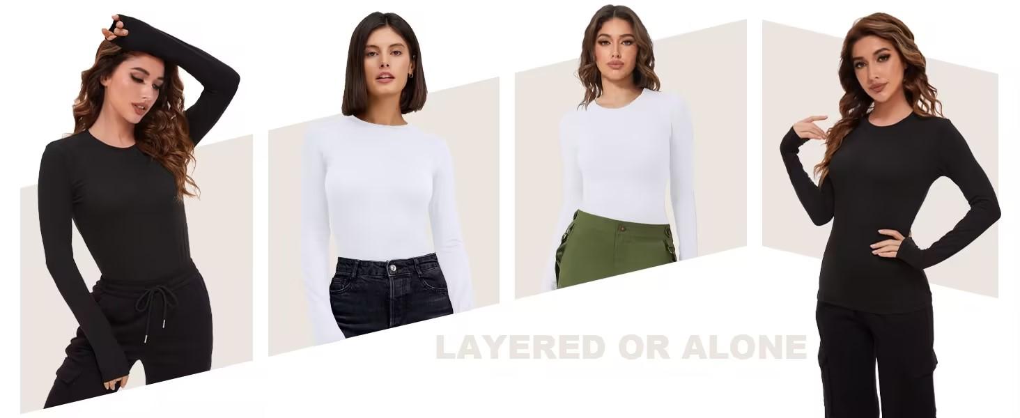 Cymebosilux 4 Pack Women’s Long Sleeve Basic Shirts Crew Neck Slim Fitted Compression Gym Workout Athletic Underscrubs Tops