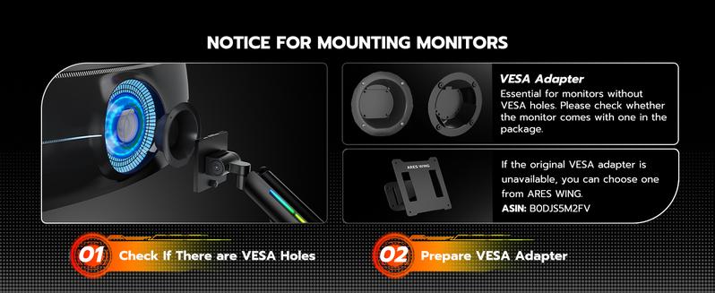 ARES WING Heavy Duty Single Monitor Arm for 49'' & 44 Lbs Ultrawide Screen, Compatible with Samsung Odyssey G9 and LG Monitor, RGB Desk Arm, 360 Rotation Adjustable Single Mount