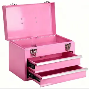 3 Tier Tool Box,Portable 2 Drawer Steel ToolBox with Locking System toolbox organization with Liner for Tools Storage No include tool (Pink)