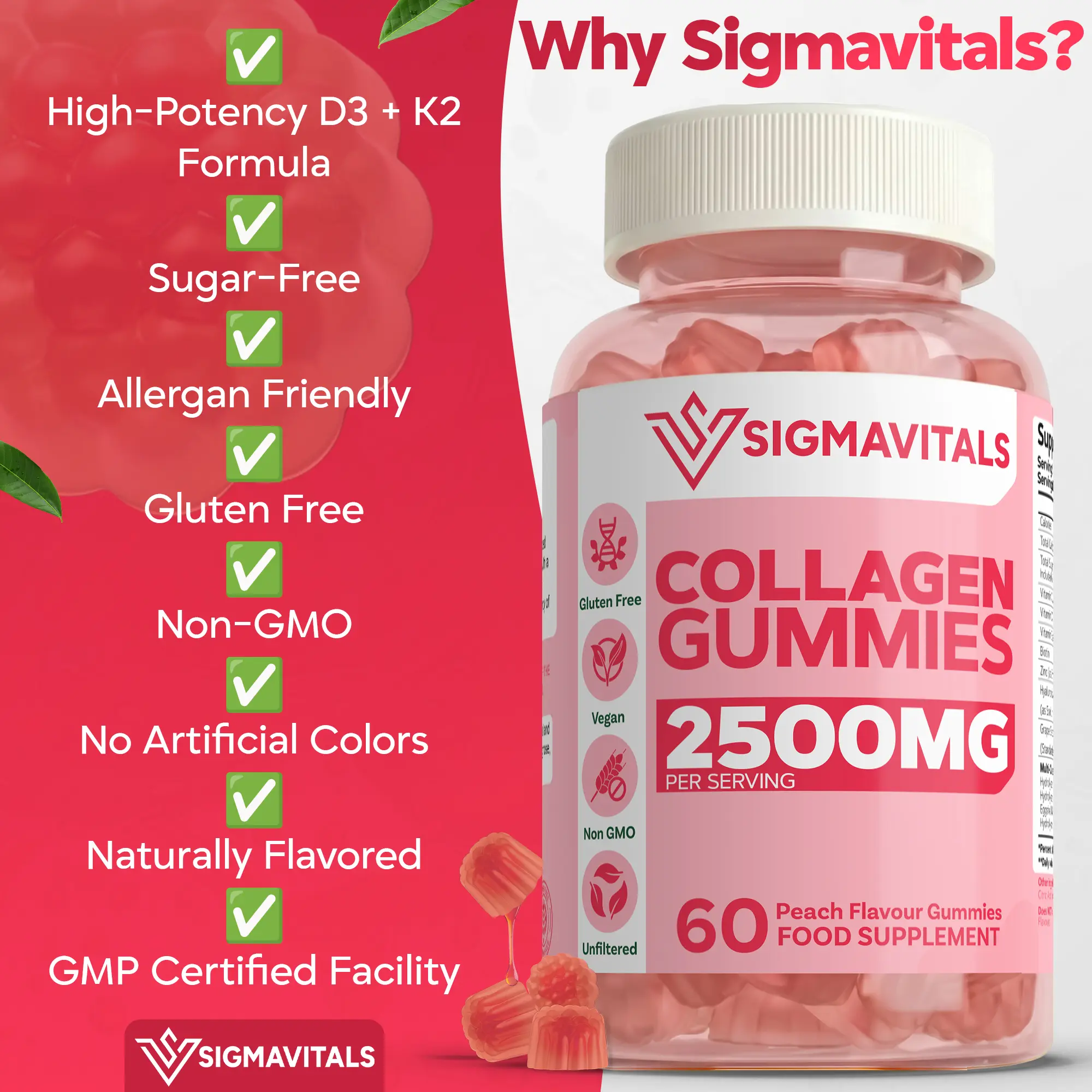 Sigma Vitals Collagen Gummies Peach Flavor 2500mg for Women & Men ...