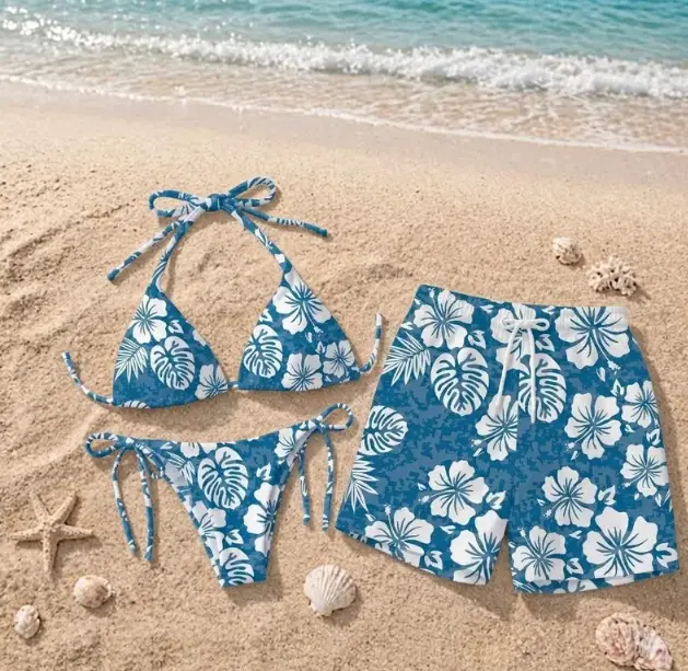 Couple's Hawaiian Matching Swimwear Set - Women's Tropical Hibiscus Bikini, Men's Swim Trunks for Vacation Beachwear