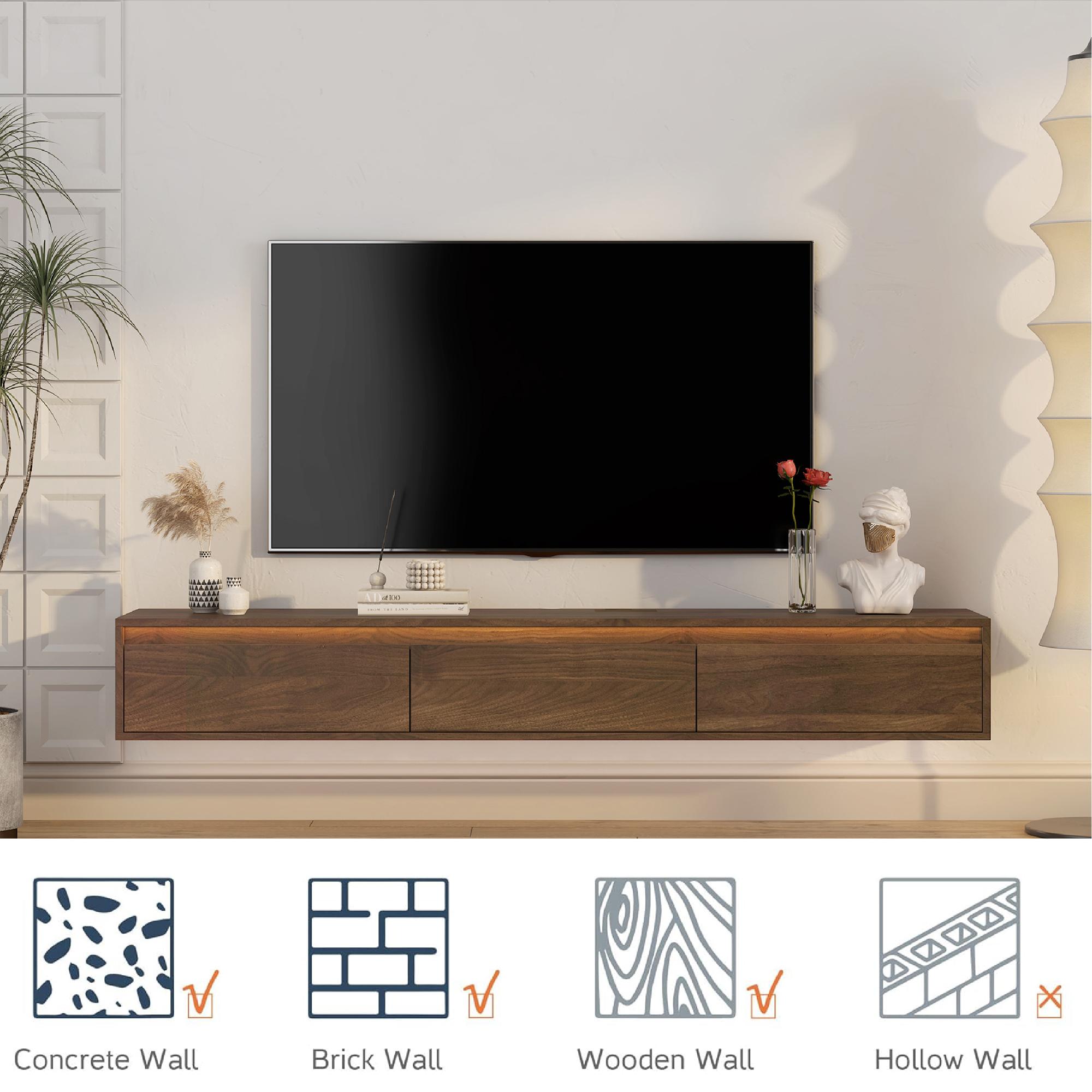 Floating TV Stand with LED Lights & Power Outlet, Wall Mounted High Gloss TV Cabinet, Modern Wood Media Console with Storage for 60–69" TVs, Living Room TV Shelf