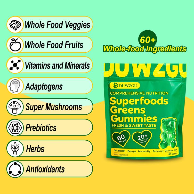 Duwzgu VerveCore Adult Sugar-Free Super Green Fruit Gummies - Healthy Super Vitamin Fruit Sticks with Spirulina, Chlorella, Fiber, Prebiotics & Adaptogens for Digestion & Calm, 20 Vitamins