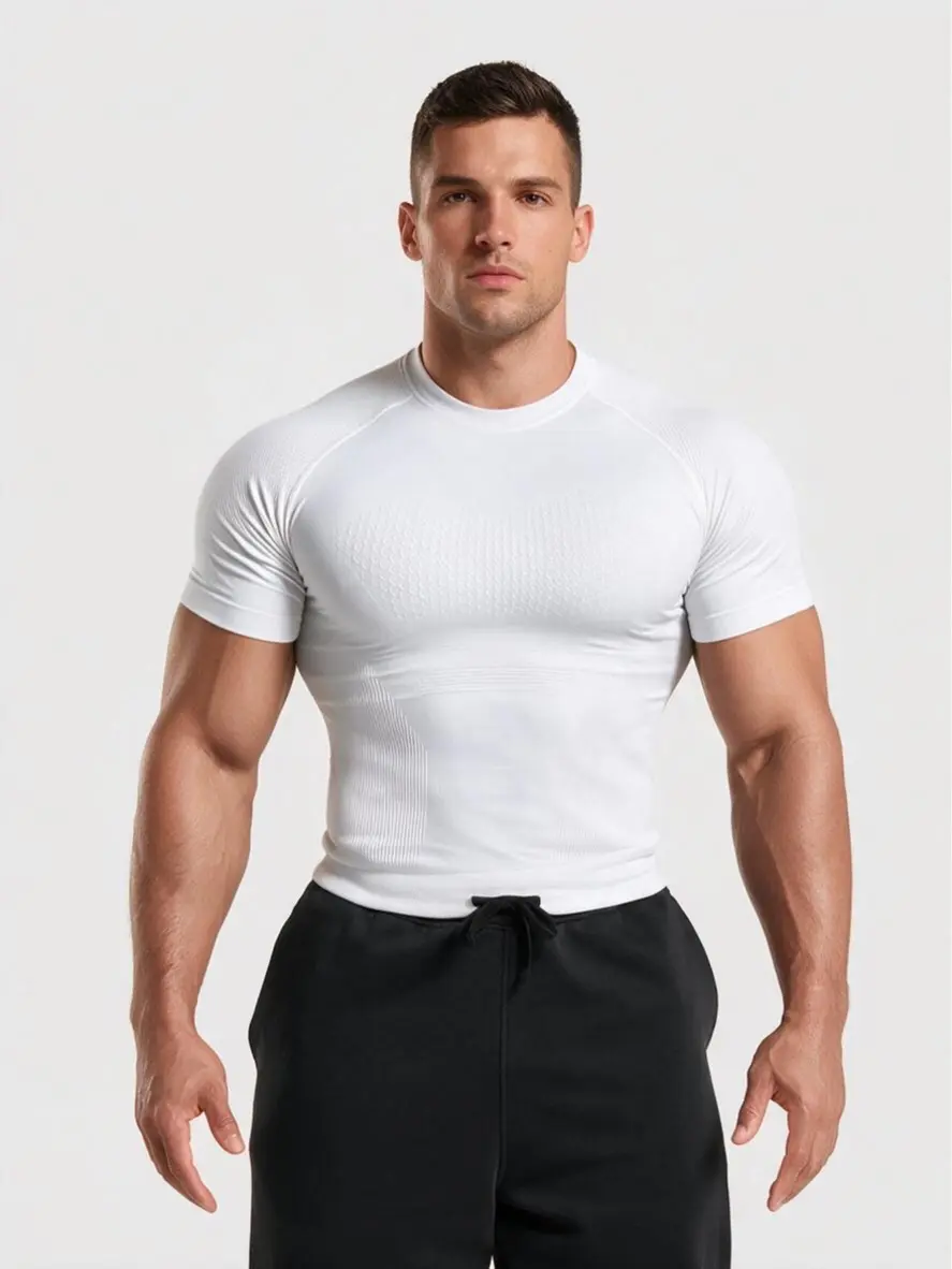 Men's Seamless Short Sleeve Compression Shirt - High Elastic Polyamide-Elastane (Nylon+Spandex) Fabric, Moisture Wicking, Quick-Dry Fitted Muscle-Hugging Tee for Gym, Running