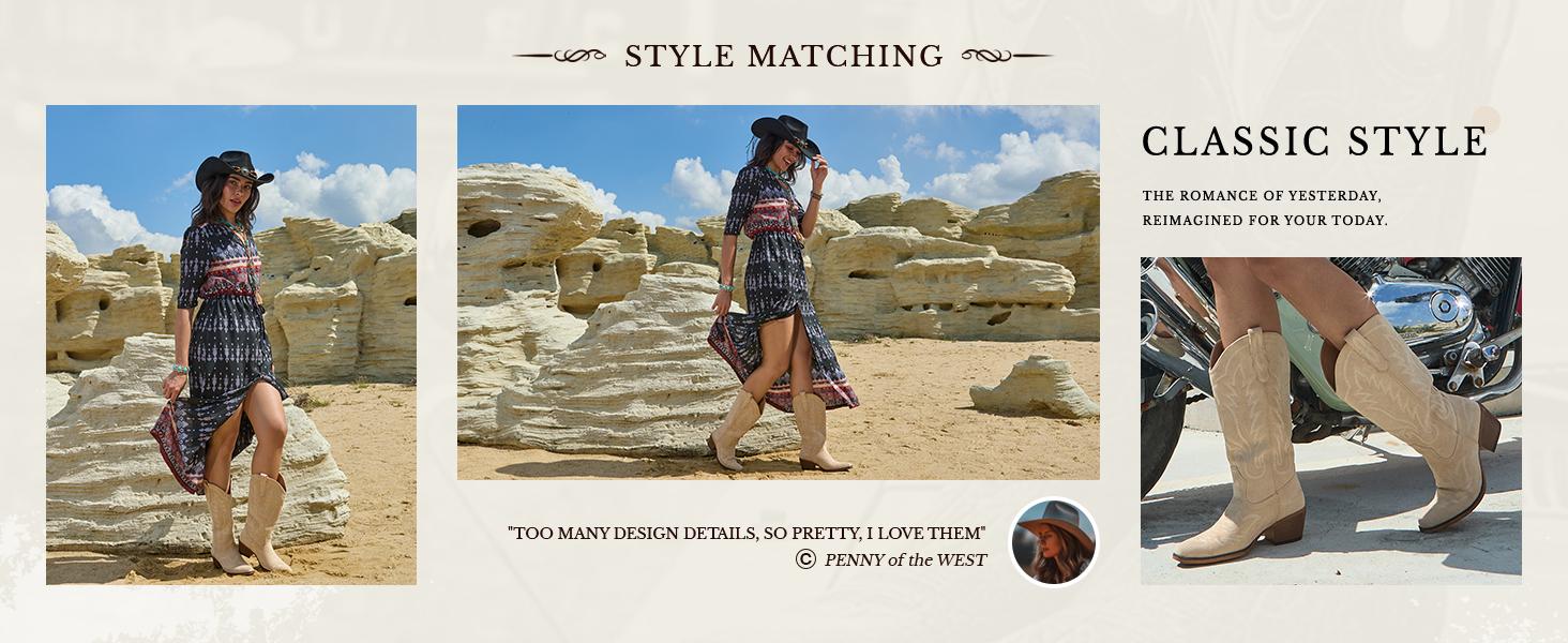 Suede Cowboy Boots for Women Western Mid Calf Cowgirl Boots with Embroidered, Retro Snip Toe Fashion Boot With Chunky Block Heel Summer Fall Country Music Festival Cowboy Chic