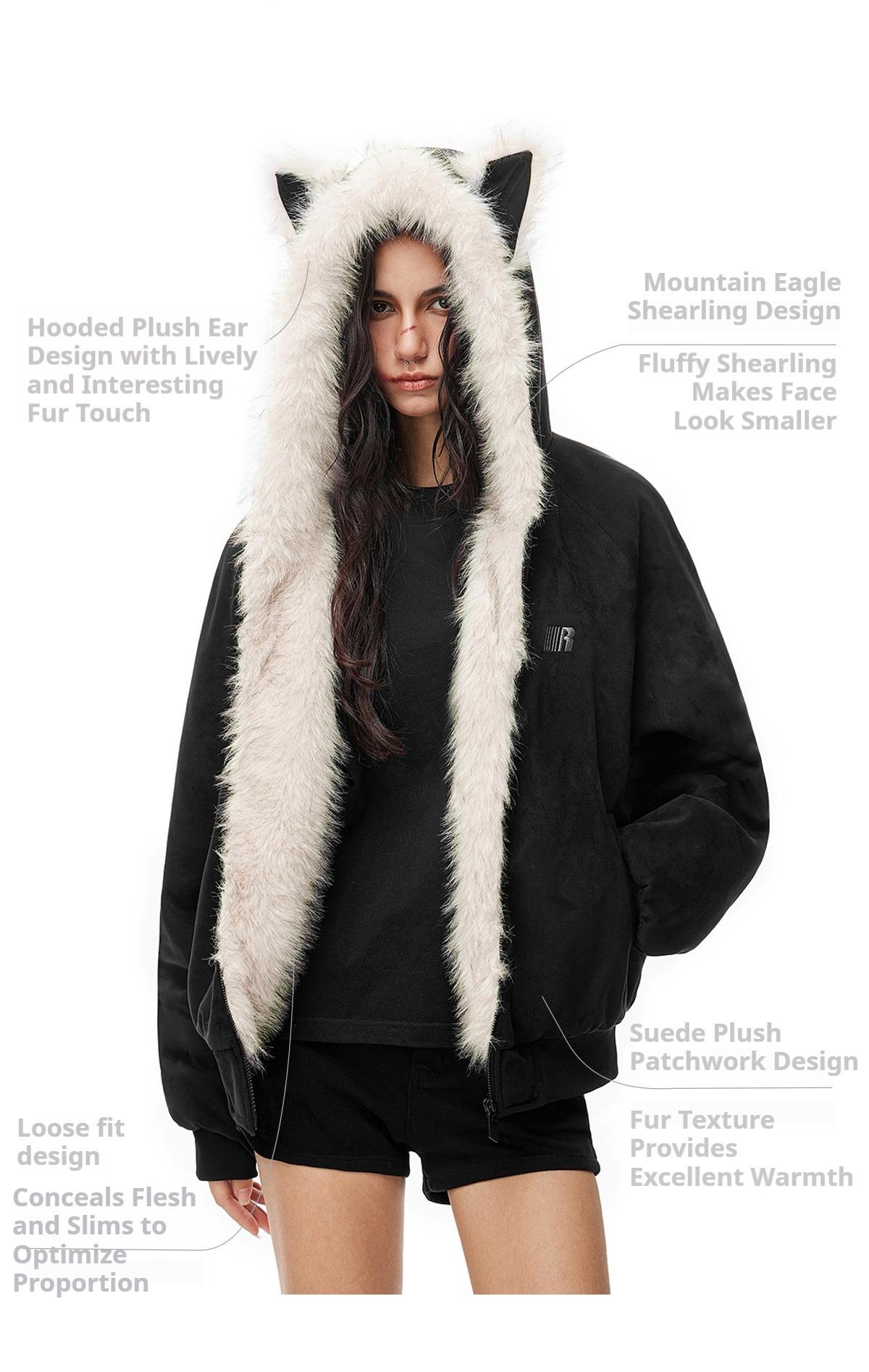 FDR Oversized Faux Suede Cozy Jacket with Cat Ears & Leopard Print Soft Warm Faux Fur Lining Unisex  Womenswear Sweatshirts Fall Fashion Coat Winter Outfits