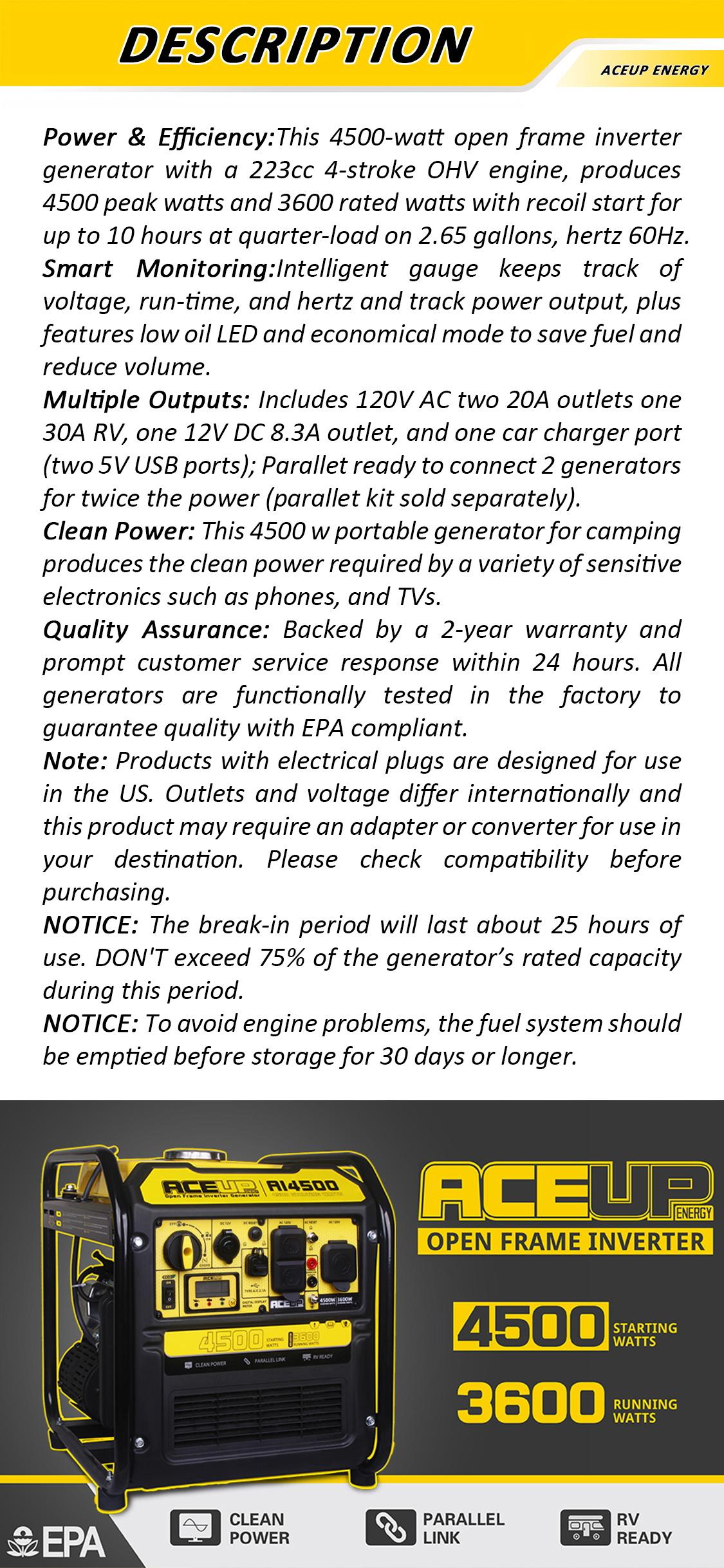 Aceup Energy AI4500 4500 Watt Open Frame Inverter Generator Gas Powered 223CC RV Ready EPA Compliant Clean Power Parallel Link