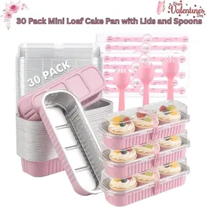 30 Pack Mini Loaf Cake Pans with Lids & Spoons, 6.8oz Disposable Aluminum Foil Baking Tins, Small Rectangular Bread Pans for Baking, Parties, Picnics & Valentine’s Day Gifts (Pink)