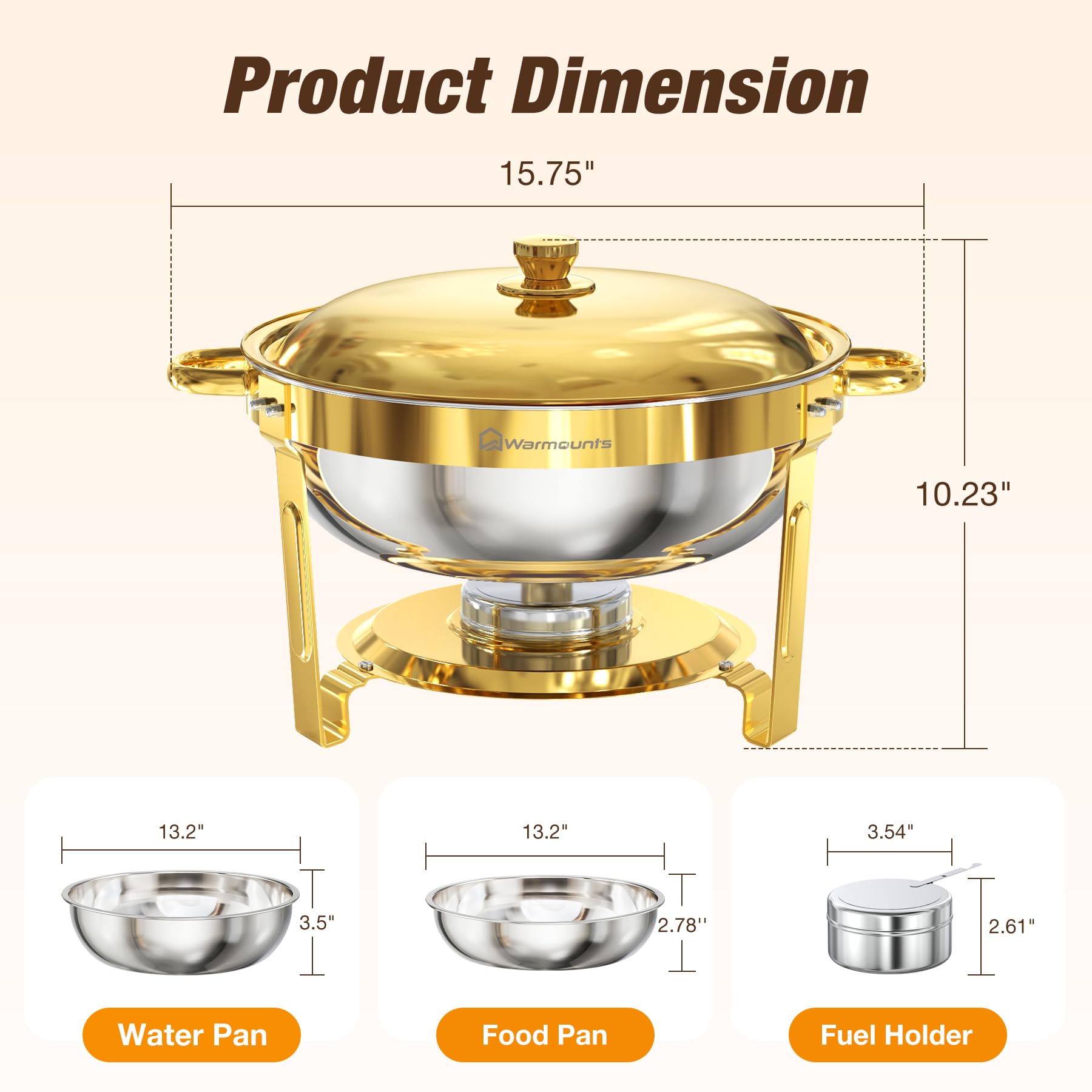 WARMOUNTS Gold Chafing Dishes for Buffet 5QT, Round Stainless Steel Chafer and Warmer Set with Lid Holder, Mirror-polished, Rolled Rim Process (No Finger Cuts), for Catering, Party, Wedding（2/4/6 Pack）