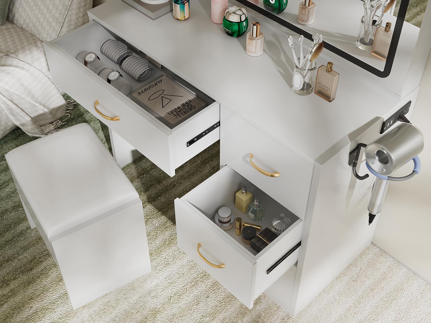 YITAHOME Makeup Vanity with Lighted Mirror, Vanity Desk with Power Strip, Adjustable Lighting, 4 Drawers, and Cushioned Stool for Bedroom, Dressing Room