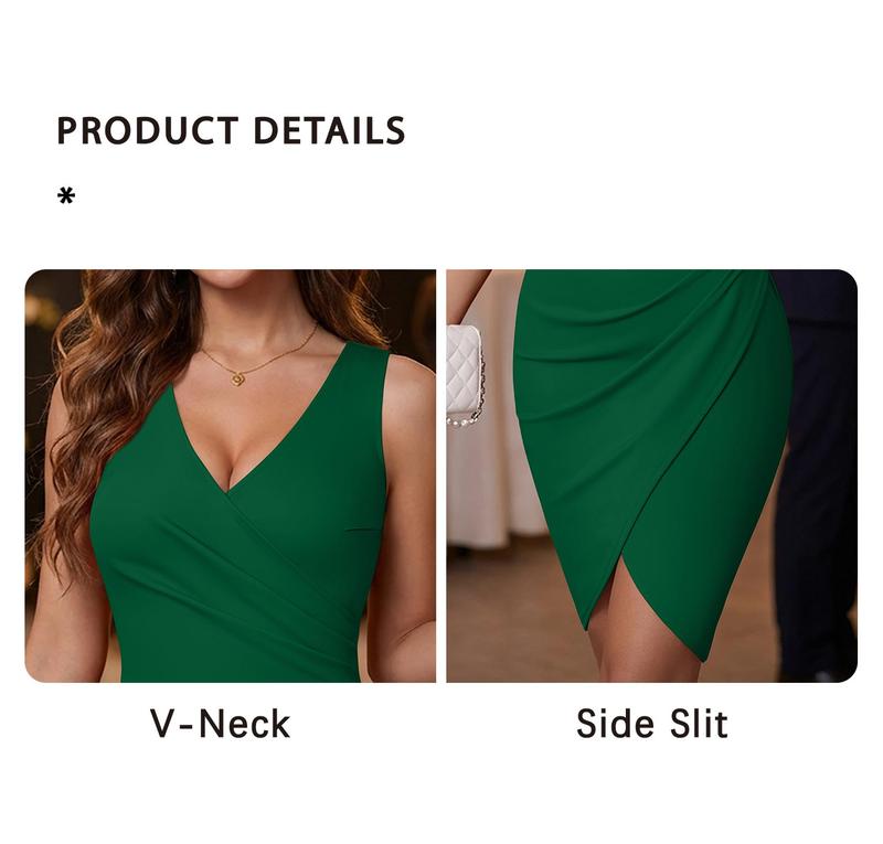 OYV 2026 Women's Sexy V-Neck Sleeveless Ruched Side Slit Bodycon Cocktail Party Work Dress