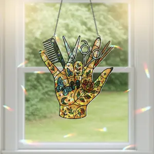 Hair Stylist Scissors Comb Window Hanging – Acrylic Stained Glass Style Sun Catcher Ornament for Salon Décor