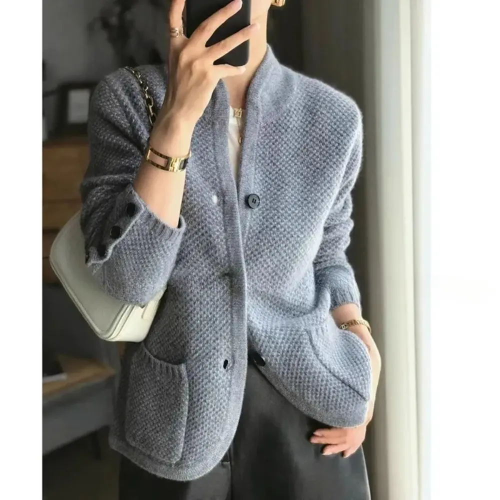 Trendy Soft Knit Top, Autumn Winter New Thickened 100% Cashmere Wool Cardigan Women Stand Neck Sweater Loose Knit Base Jacket Knitwear Womenswear, Trendy, Everyday, Seasonal, Event Outfit, Versatile, Travel, Occasion